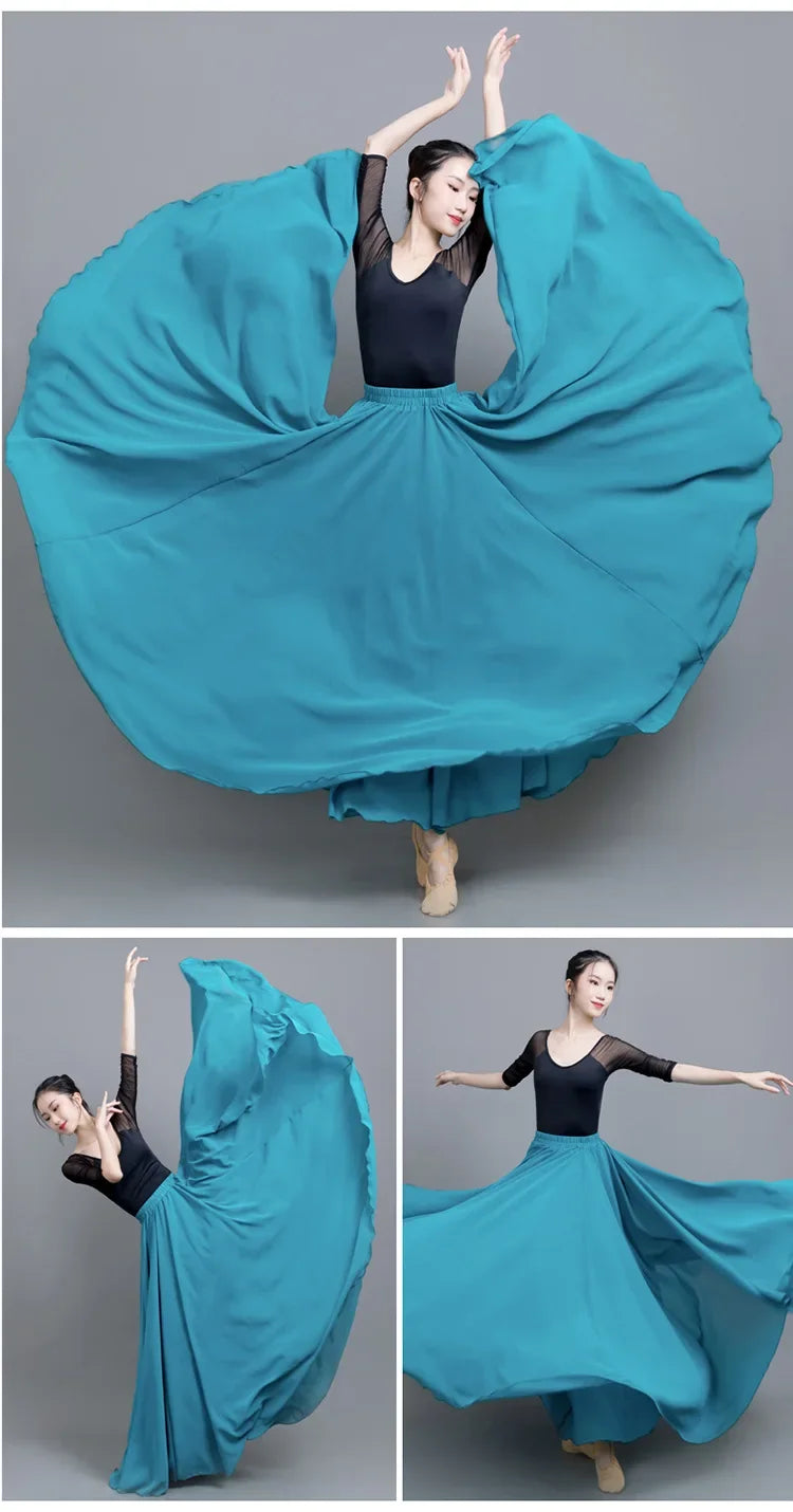 720 Degree Wide Dancing Skirt Chiffon Double Layer Semi-Long Dress Women's Solid Color Xinjiang Dance Skirt