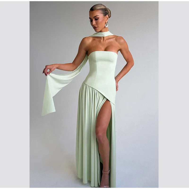 Elegant Yellow Gauze Off Shoulder Scarf Neack Long Dress Women Fashion Sleeveless A-line Vestido 2025 Summer Vocation Party Robe