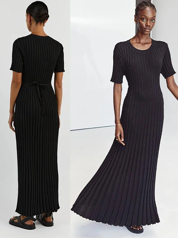 Knitted Long Dress Women Short Sleeve Pleated Lady Party Dresses 2024 Spring Summer Hip Package O Neck Ribbed Female Vestidos
