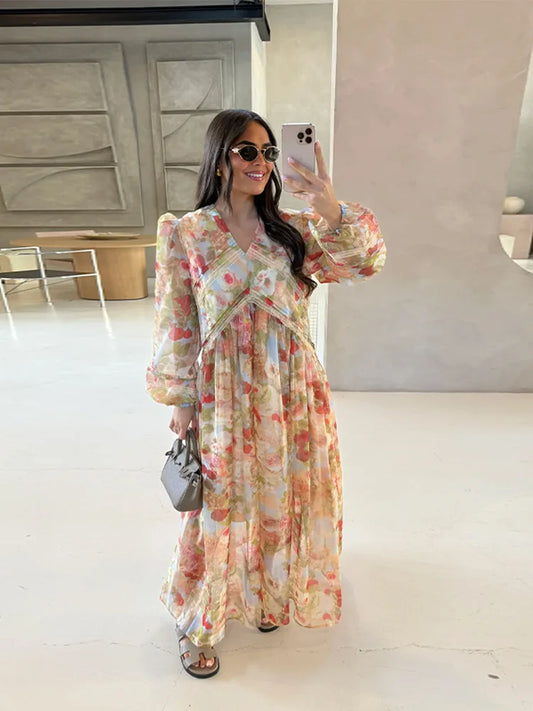 Fashion Print V-neck Women's Maxi Dresses Elegant Pleated Long Sleeve Loose Long Dress Female Summer Chic Casual Holiday Party