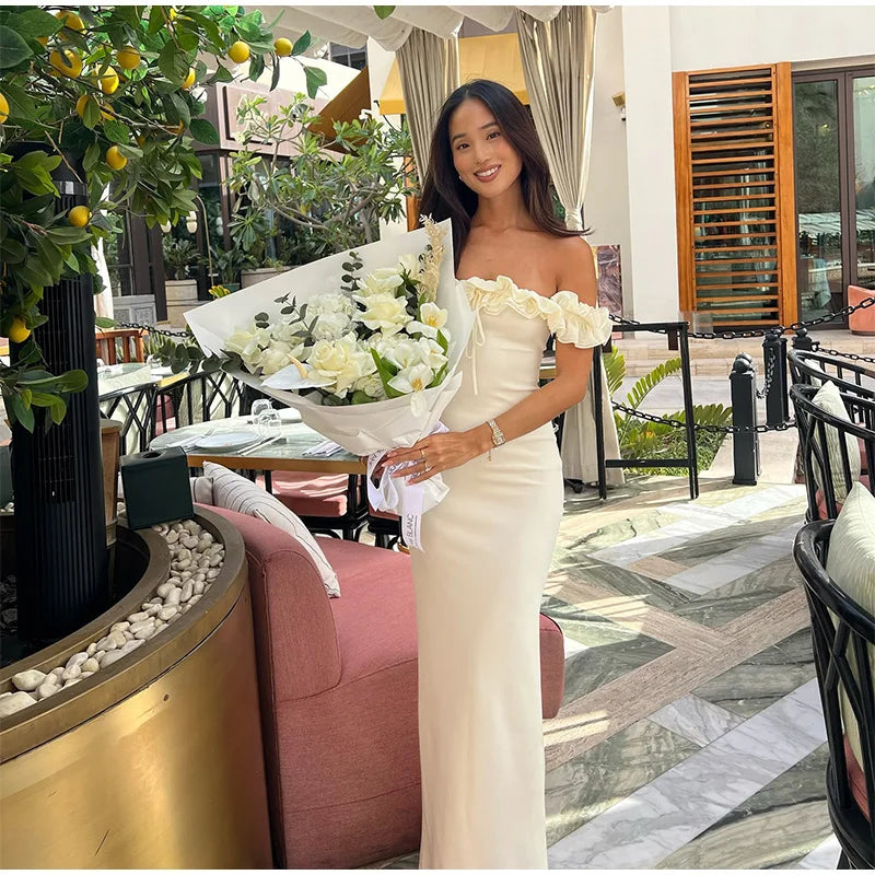 Sexy Off Shoulder Ruffles Women's Dresses Fashionable Lace Up Solid Slim Fit Long Dress Female Summer Beach Holiday Party