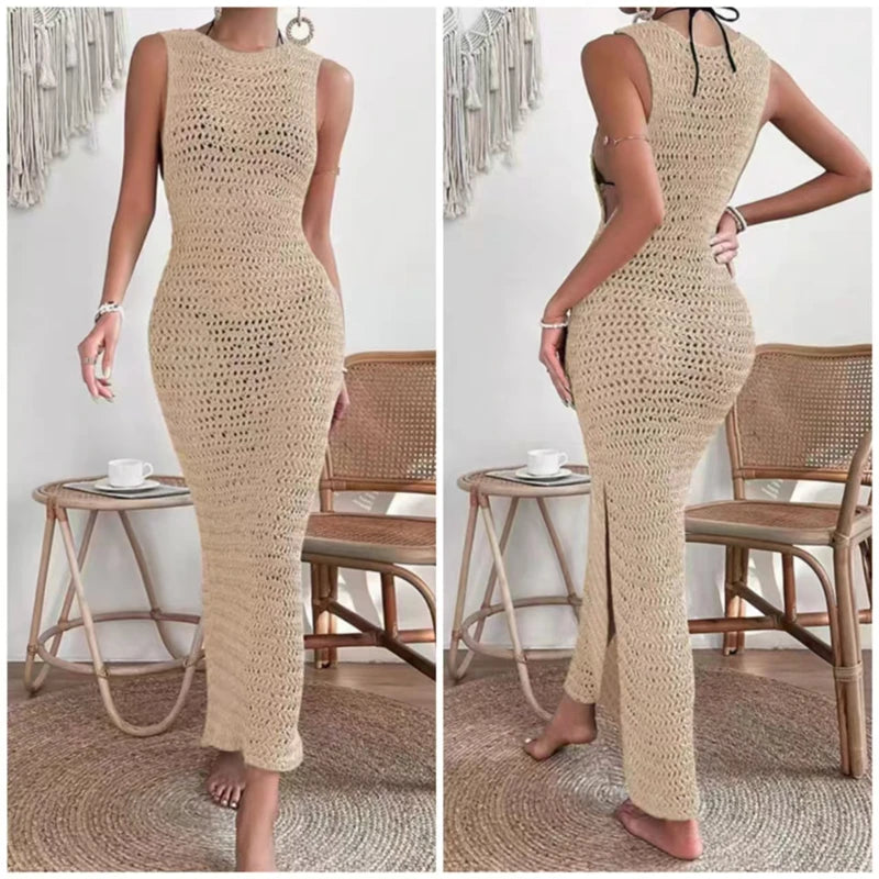 Women's Beach Style O-Neck Knit Hollow out Long Dress 2025 Summer Female Casual Sleeveless Dress Beach Bikini Cover-up Blouse