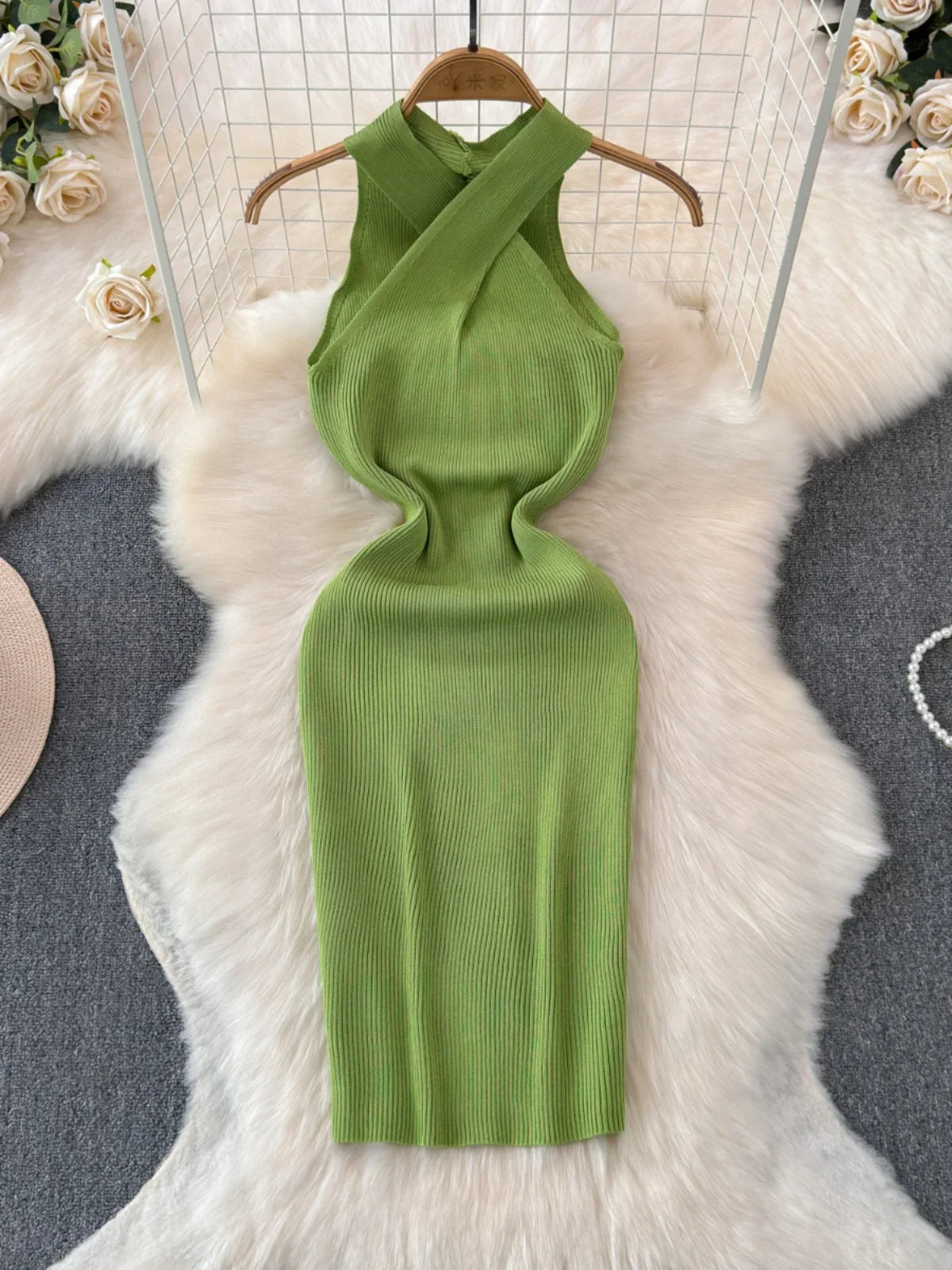 Solid 2024 Cross Knitted Women Dress Summer Strap Sleeveless Bodycon Dress Europe Style Halter Ladies Sexy Midi Long Dress