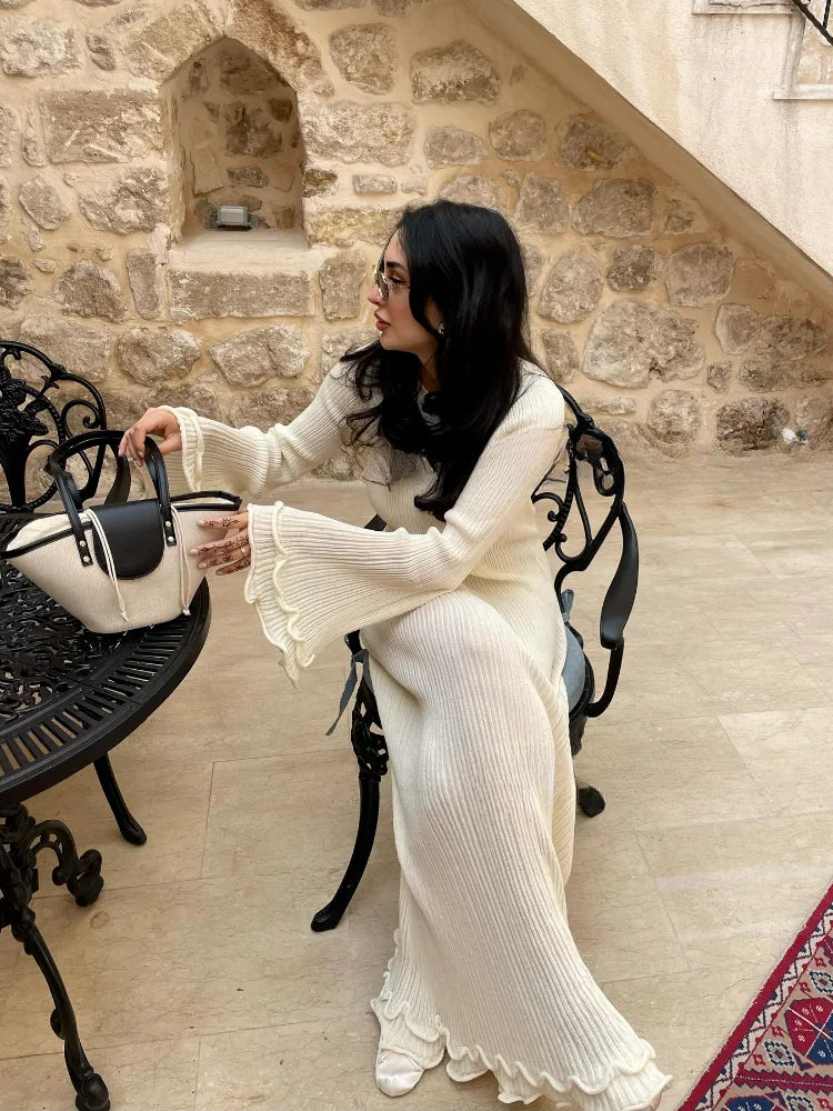 Fashion Solid Ruffles Pleated Loose Long Dress Women Elegant Round Neck Flare Long Sleeves Maxi Dresses Lady High Street Wear