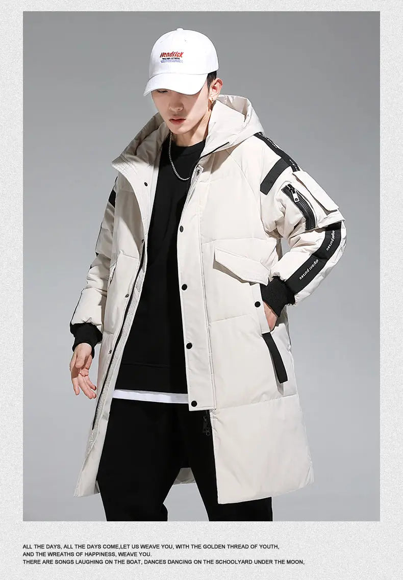 Men's Parkas Hooded New Over-the-knee Overcoat Thickened Mid-length Jacket Zipper Buttons Winter White Duck Down Jackets