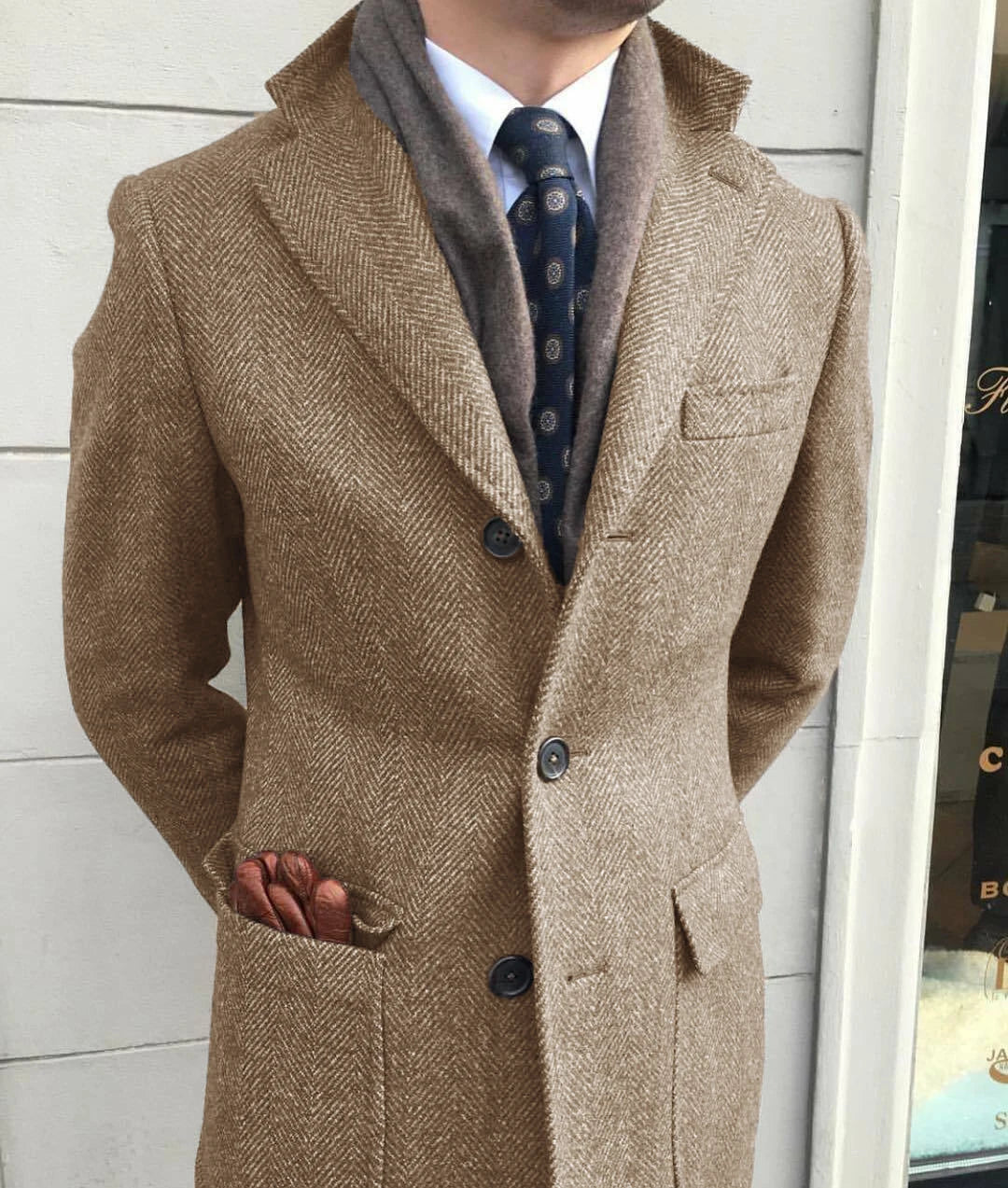Men's Windbreaker Classic Herringbone Tweed Wool Blend Suit Jacket Winter Warm Long Coat Outdoor Sports Coat erkek mont