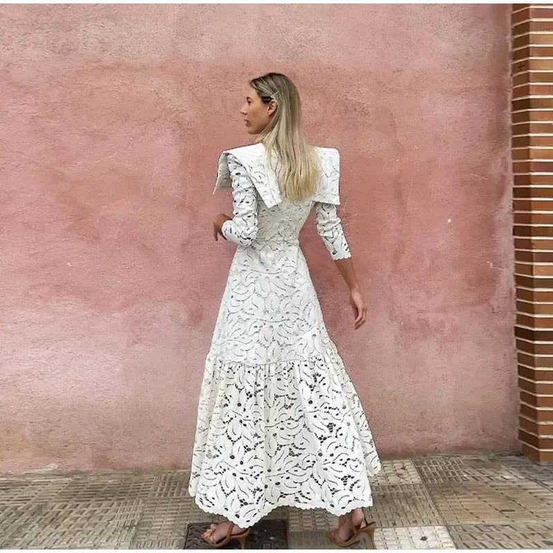 Elegant Lace Hollow Out Long Dress Women High Collar Long Sleeve Slim Solid Dresses 2025 Spring Summer Patchwork Lady Party Robe