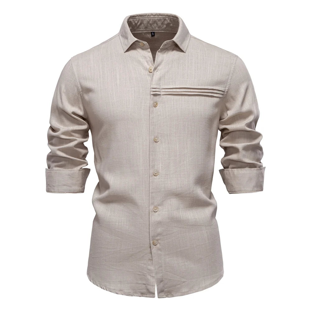2025 New Design Men's Solid Color Linen Long Sleeve Shirt - Casual Button-Down Collar Shirt for Men
