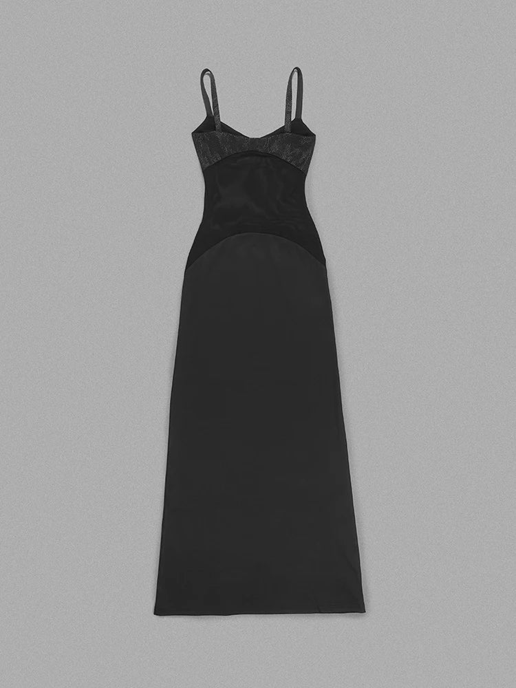 Sexy Spaghetti Strap Diamonds Mesh Patchwork Long Dress Women Sleeveless Beaded Maxi Slim Dress Celebrity Club Party Gowns