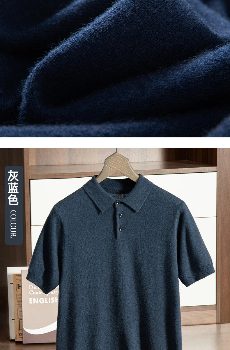 High End Men's 100% Cashmere T-shirt POLO Collar Pullover Shirt Casual Business Knitted Short Sleeved Summer Half Sleeved Top