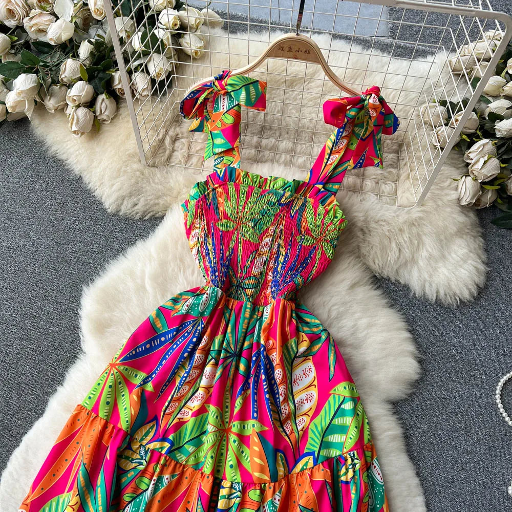 SINGREINY Summer Vacation Spaghetti Strap Long Dress Women Sleeveless Ruched Elastic Backless Dress Floral Print Beach Sundress