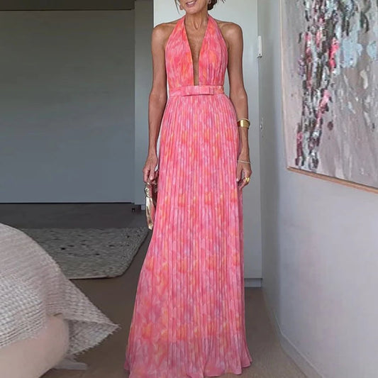 Sexy Low-cut V-neck Tie-up Evening Dress Women Fashion Pattern Print Pleated Long Dress Elegant Sleeveless Backless Party Dress