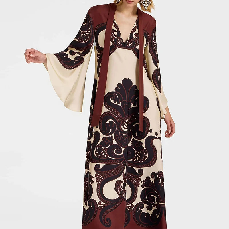 Ethnic Vintage Pattern Print Muslim Women Dresses Spring V Neck Lace-up Loose Long Dress Autumn 3/4 Flare Sleeve Boho Maxi Dress