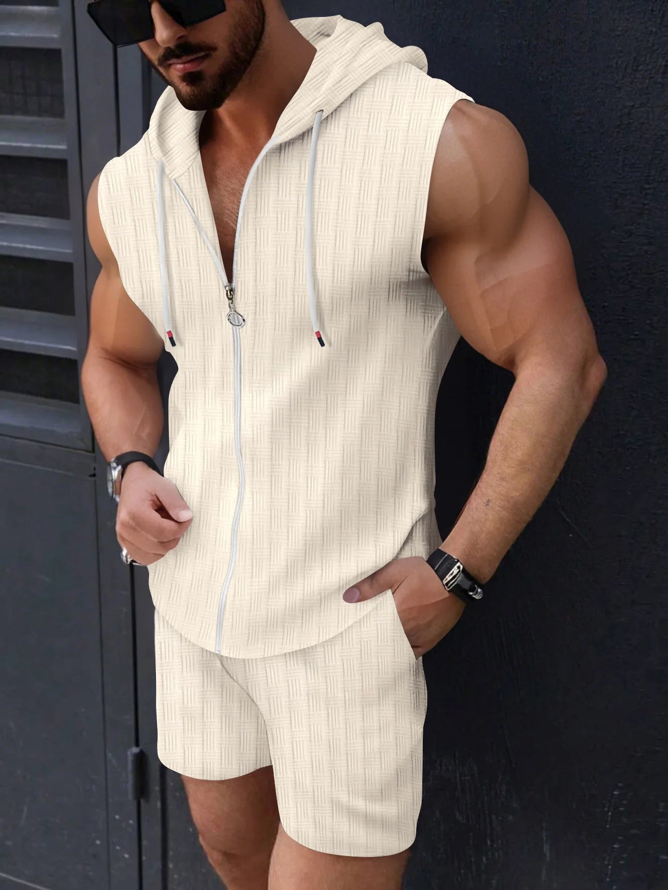 2025 Cross-border Summer New Fashion men's hooded set, zippered T-shirt, checkered sleeveless vest and shorts, two-piece set