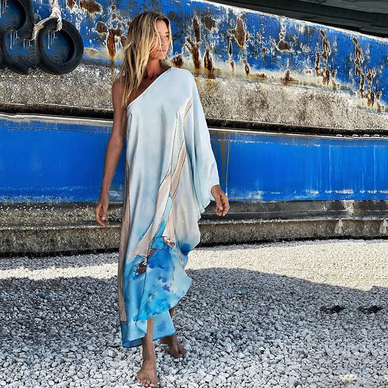 Color Butterfly Print One Shoulder Sleeve Dresses Women Sexy Off Shoulder Loose Beach Vacation Irregular Long Dress Streetwear