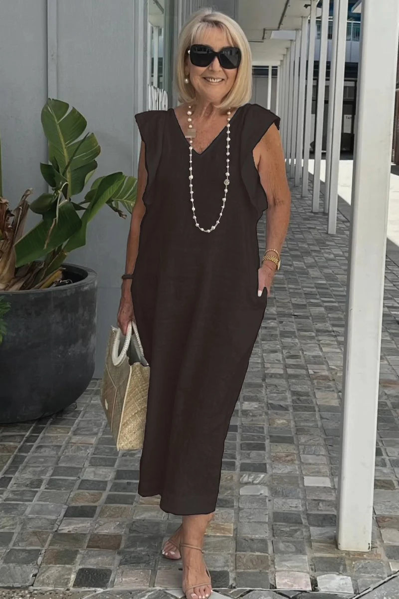 Summer Cotton And Linen Dress For Women Fashion Flying Sleeves Strappy Back Solid Color Loose Long Dress Elegant Robe Femme
