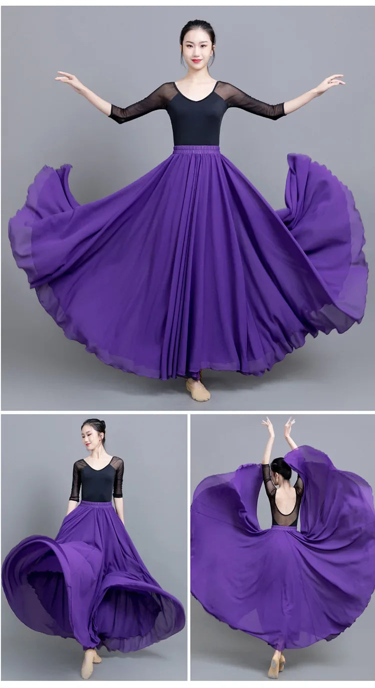 720 Degree Wide Dancing Skirt Chiffon Double Layer Semi-Long Dress Women's Solid Color Xinjiang Dance Skirt