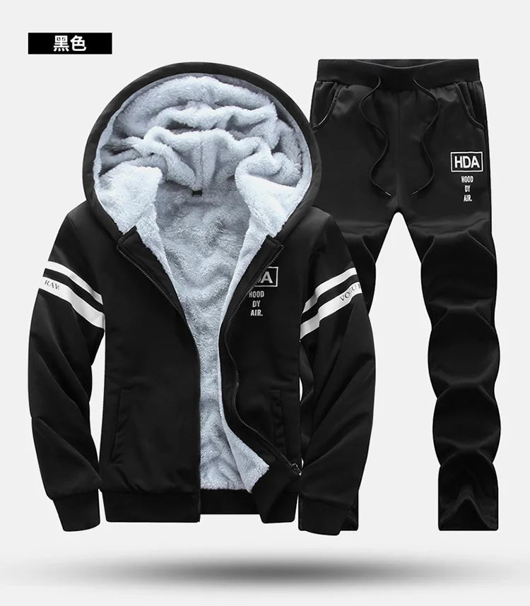 2025 Men's Thicken Warm Tracksuit Set Cardigan Fleece Hood Jacket+Pants Sweatshirts Male 2 Piece Sets Hoodies Suit Coat Big Size
