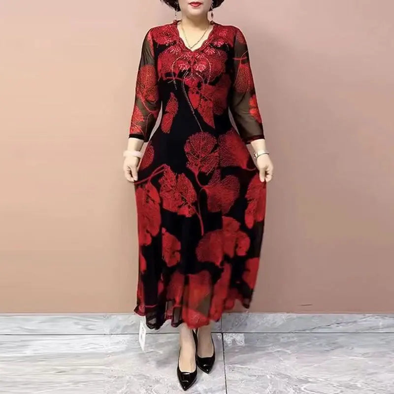 Female Clothing Vintage Leaf Printed Long Dress Elegant V-Neck Spring Summer New Casual 3/4 Sleeve Chic Diamonds A-Line Dresses