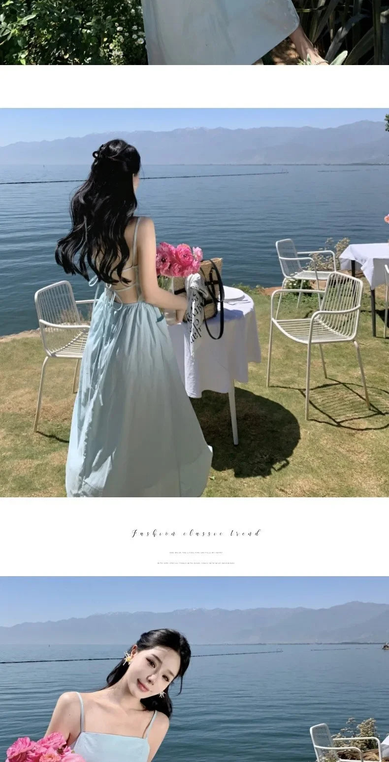 French Style Sexy Open-Back Blue Tank Dress Women's Summer Vacation Beach A- Line Long Dress Beach Vacation Dress