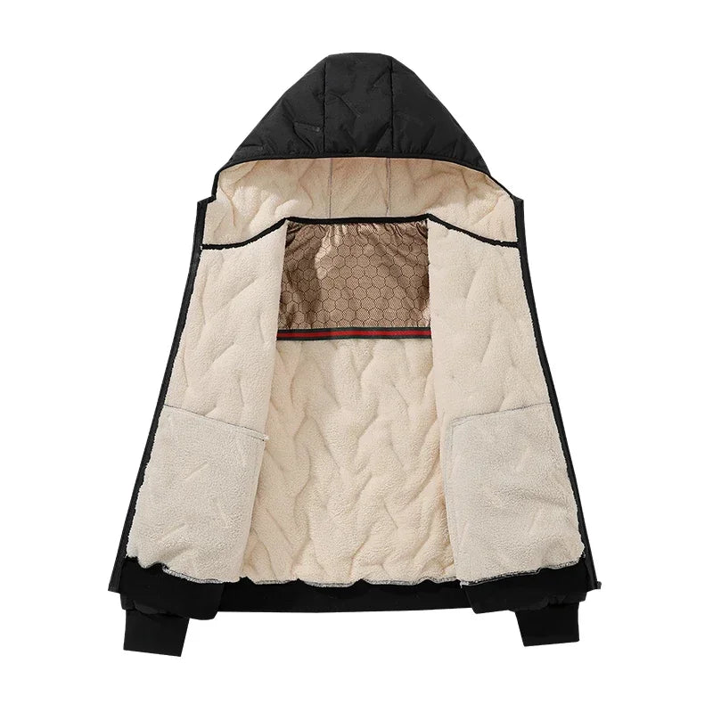 2024 new men's imitation wool cotton jacket thick and warm plus size loose and casual versatile solid color simple hooded top