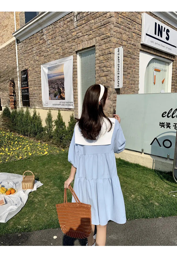 Vintage Pleated Lacing Loose Mini Dress Summer New Half Sleeve Solid Color Sweet Casual Dresses Fashion Korean Women Clothing