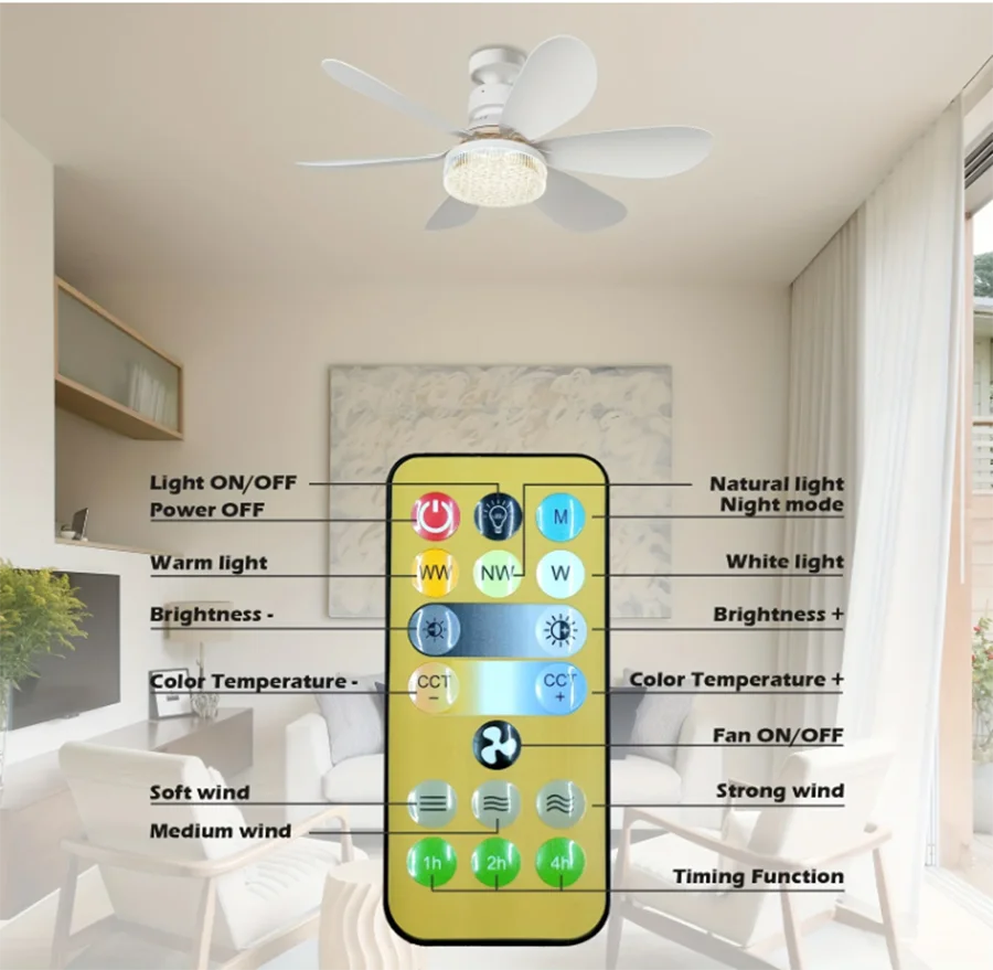 Modern small E27 screw fan light lighting remote control smart silent LED ceiling fan bedroom kitchen toilet 40W Indoor lighting