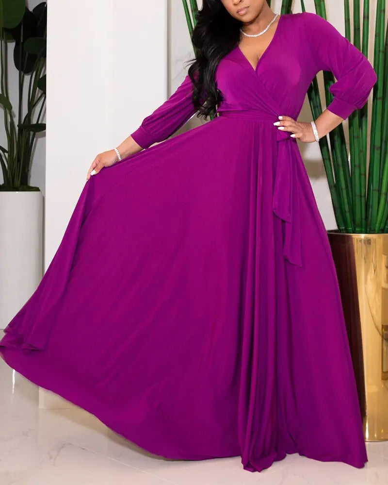CM.YAYA Elegant Women Wraped V-neck Long Sleeve with Sashes Maxi Long Dress Chic INS Sexy Party Prom Big Swing Pink Dresses