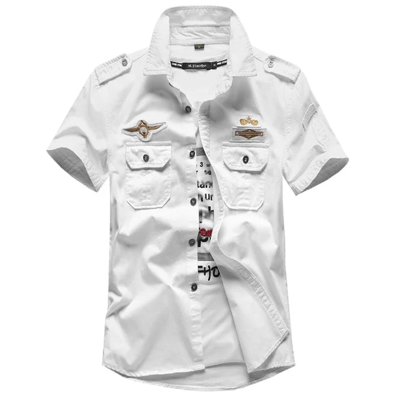 Military Shirt Men's Shirts Casual Style Fashion Clothing Cotton Short Sleeve Retro Vintage 6XL Embroidery Black Drop Shipping