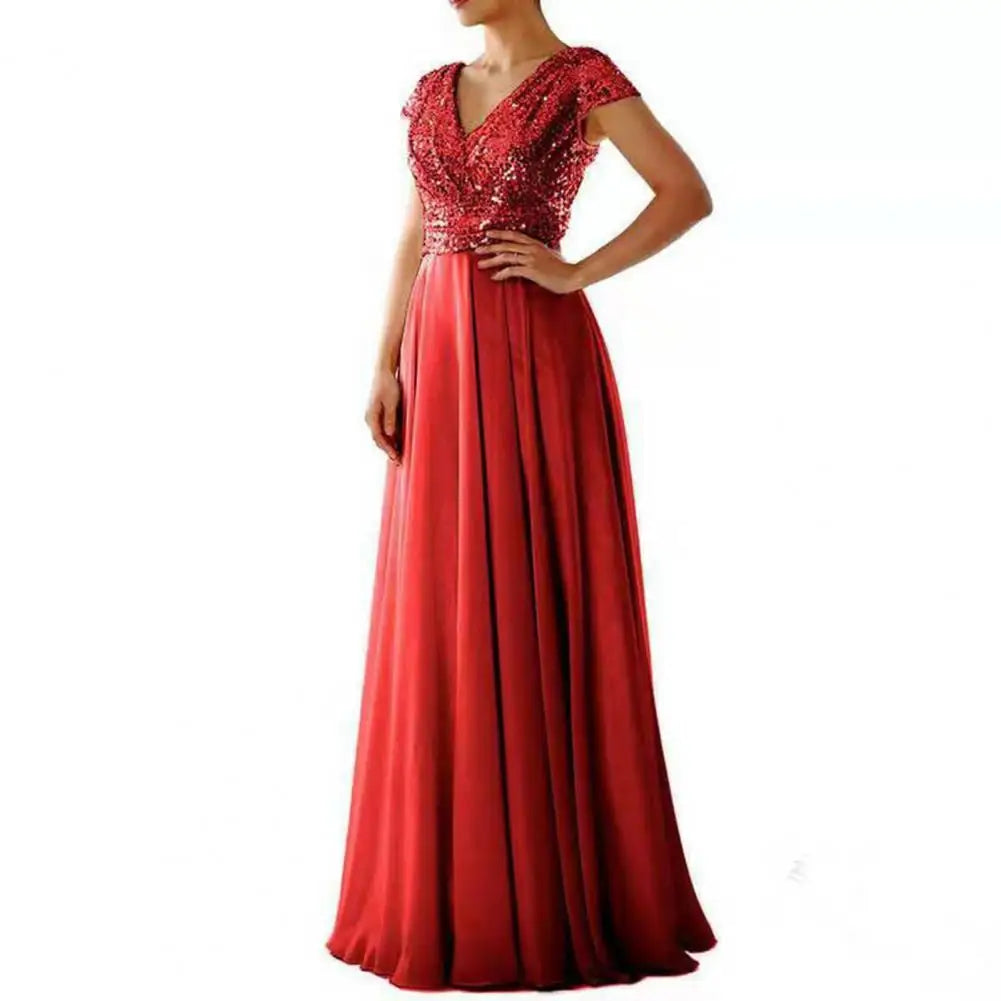 Elegant Sequins Chiffon Dress For women V Neck Pleated Hem Female Sequins Chiffon Prom Cocktail Long Dress Wedding Evening Dress