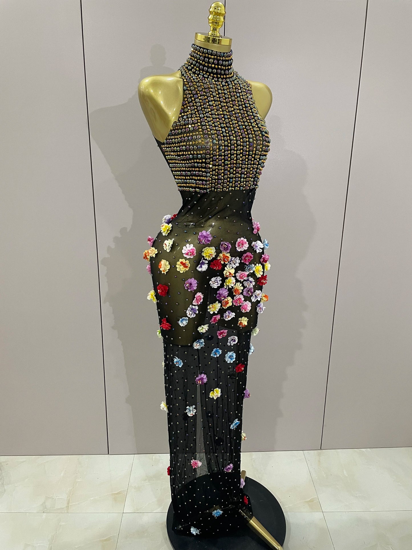 Sparkly Rhinestones Flowers Sexy See Through Long Dress 2025Women Birthday Celebrate Wedding Evening Prom Dress Photo Shoot Wear