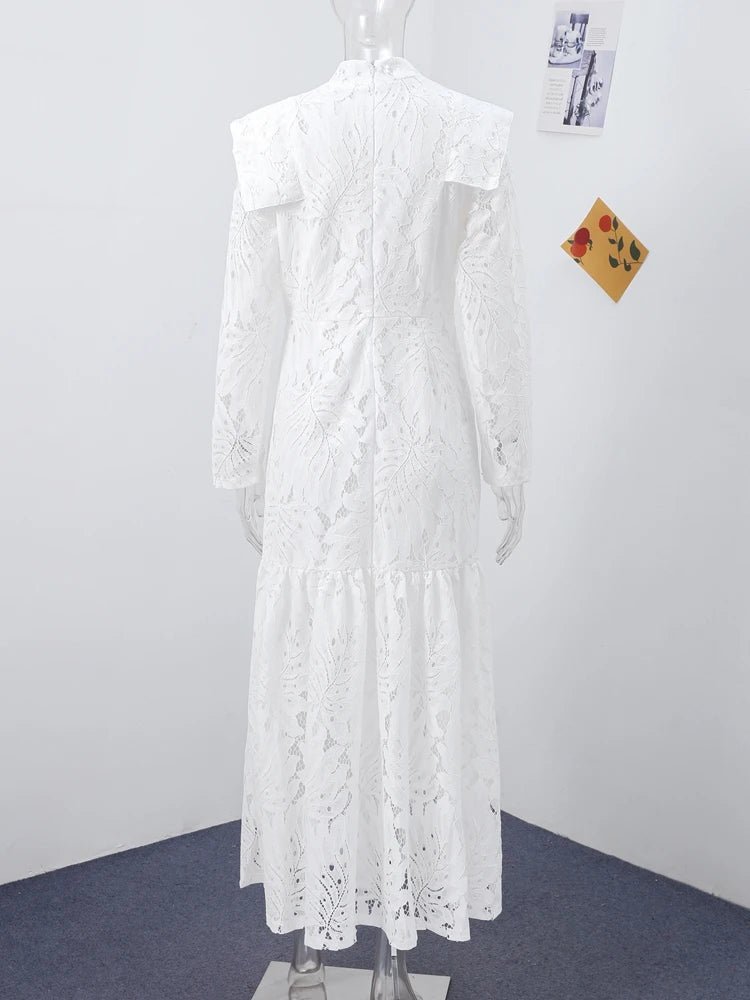 Elegant Lace Hollow Out Long Dress Women High Collar Long Sleeve Slim Solid Dresses 2025 Spring Summer Patchwork Lady Party Robe