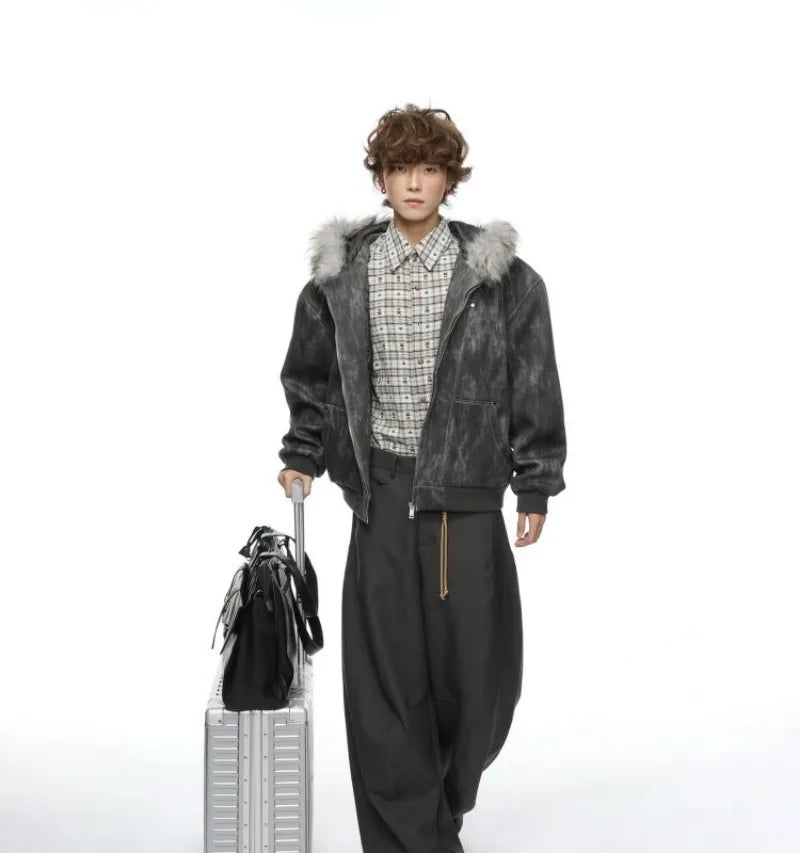 Y2K American New Fashion Solid Color Plus Velvet Padded Cotton-padded Jacket Coat Men Harajuku Hip-hop Popular Casual Couples