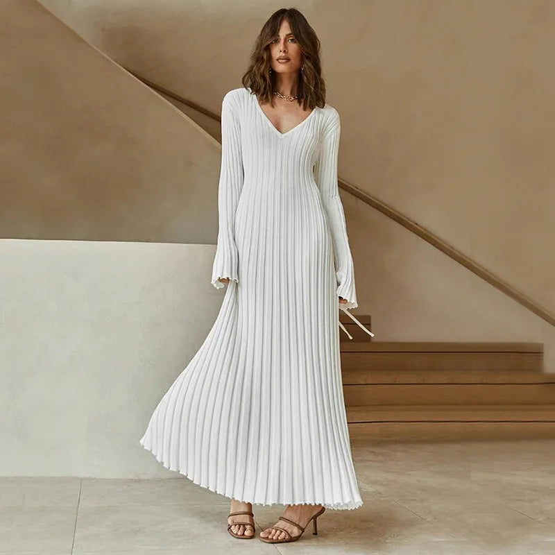Fashion Knitted Dresses Women's Winter Elegant Pleated Dress Long Sleeve V Neck Lace-up Casual Slim White Black Street White New