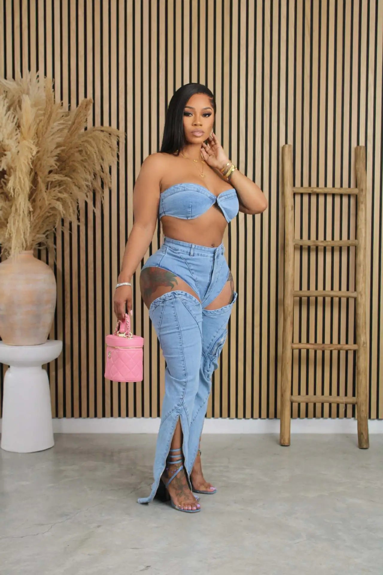 Sexy Denim Bikini Tops Two Piece Sets Matching Outfits 2024 Y2K Streetwear Women Pencil Denim Jean Pant Summer 2 Piece Sets