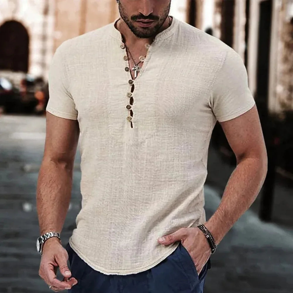 New Men's Short Sleeve T-shirt for Men Button Cotton Linen Shirt Men's Casual Clothes Popular Tops for Men