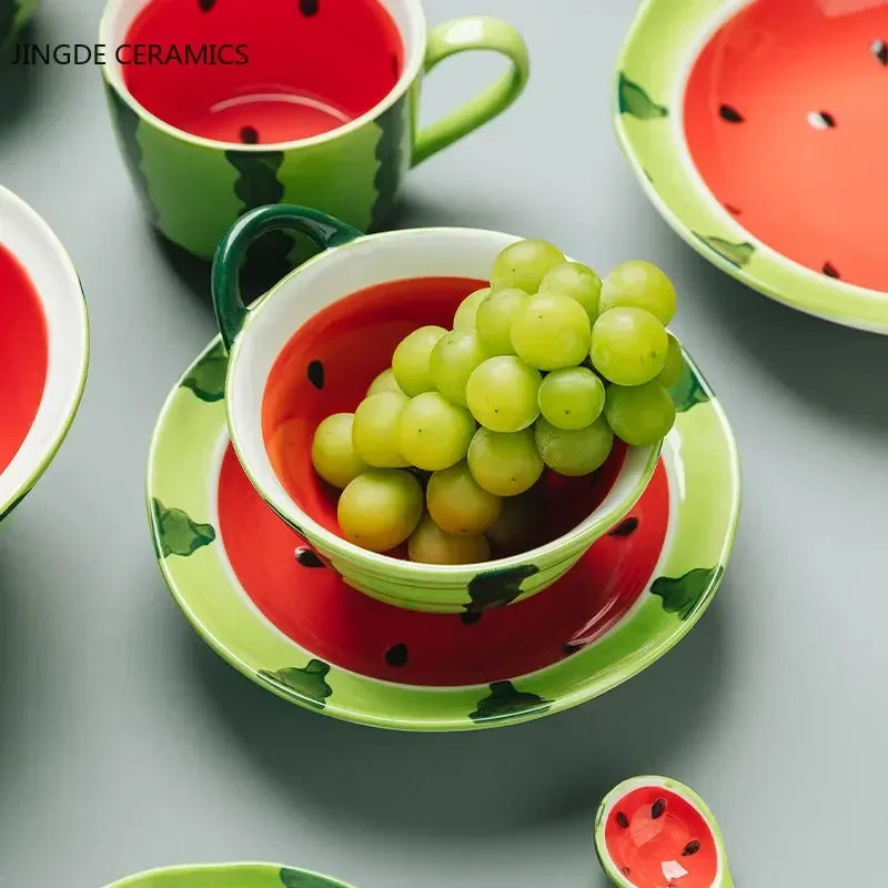 Watermelon Bowl Ceramic Bowl Plate Set Home Ramen Bowl Cute Hand-painted Tableware Children's Rice Bowls Kitchen Accessories