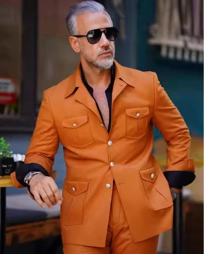 Tailored Casual Men Suits Orange 2 Pieces Set Safari Design Collar Autumn Coat Pant Business Designer Jacket Pant Men Prom Suits