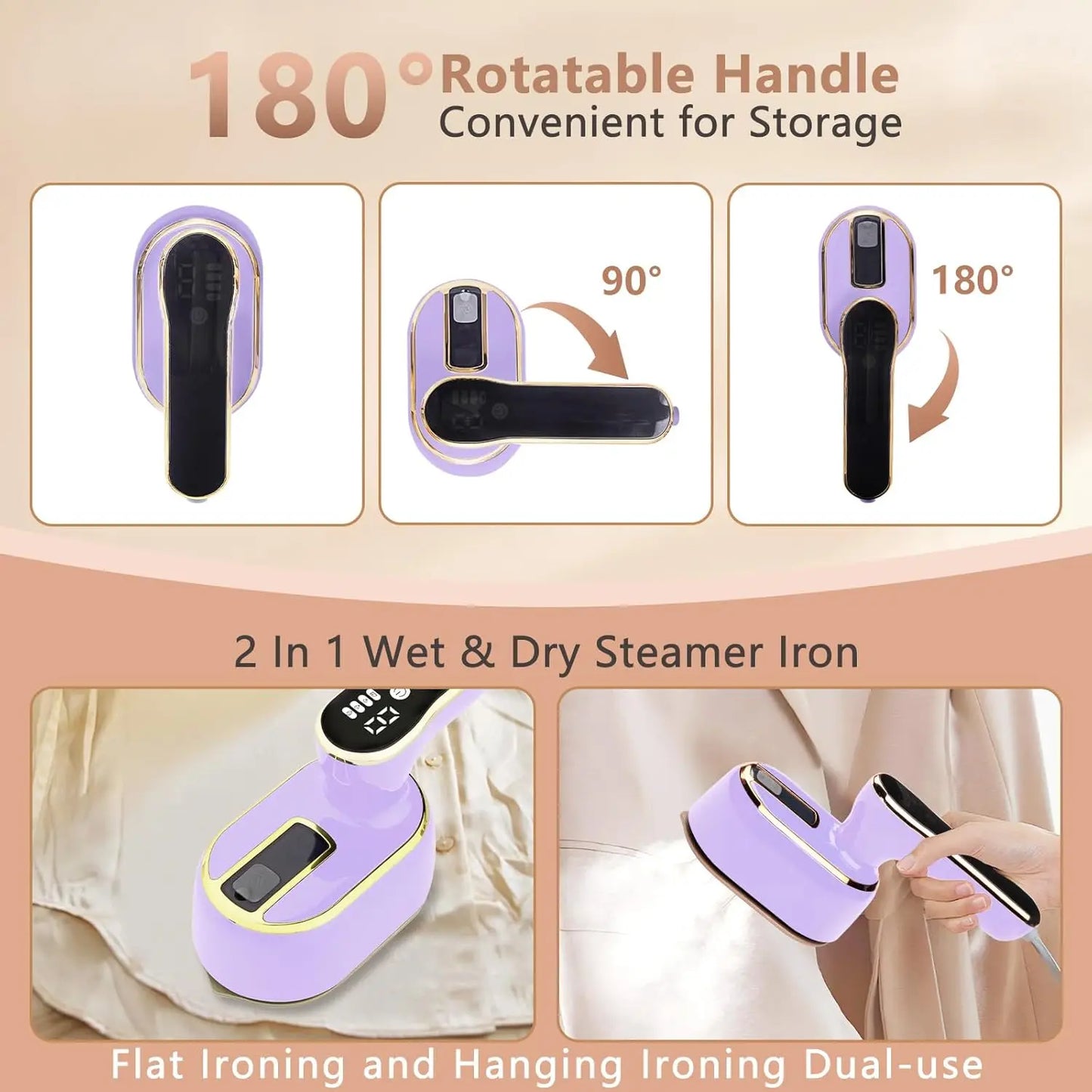 Handheld ironing machine (with steam brush), intelligent LCD electric rotary iron, portable mini iron for home and travel 6198-D