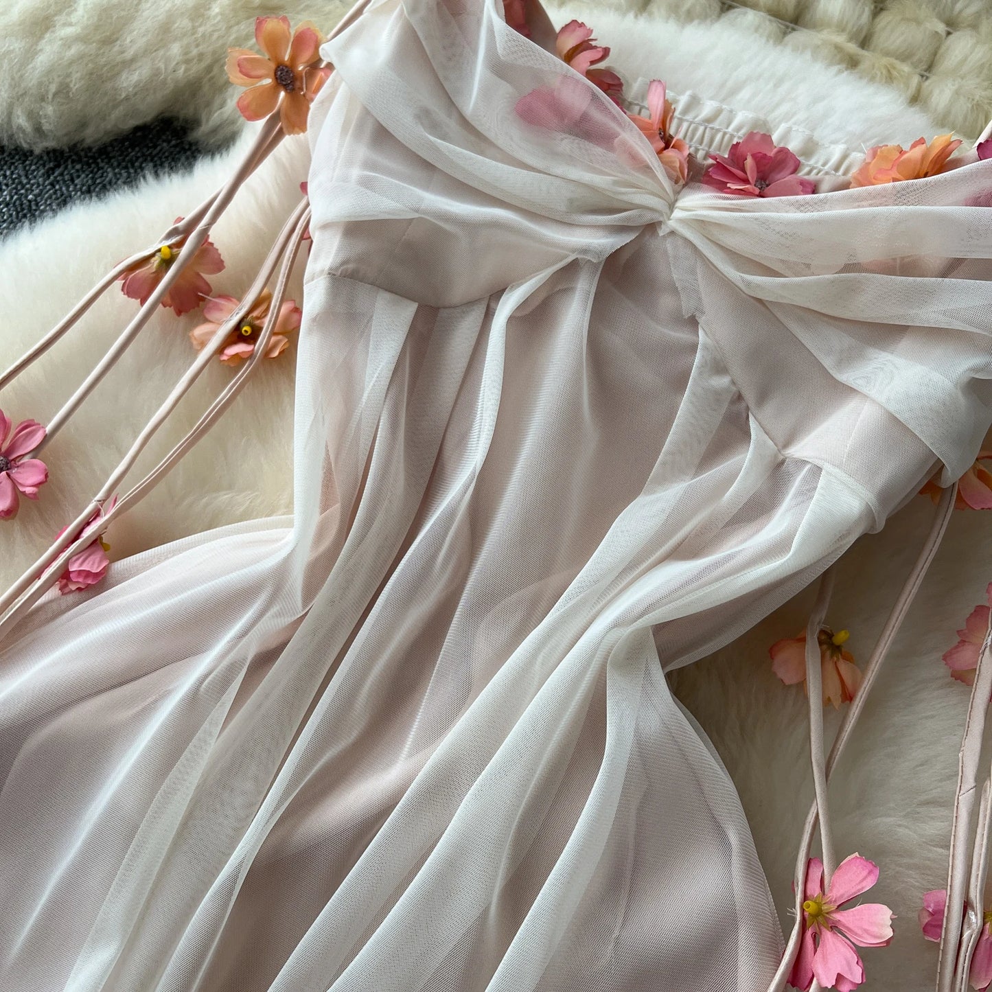 SINGREINY 2024 Bohemian Vacation Long Dress Spaghetti Strap Hollow Out A Line Mesh Sundress 3D Floral Backless Party Maxi Dress