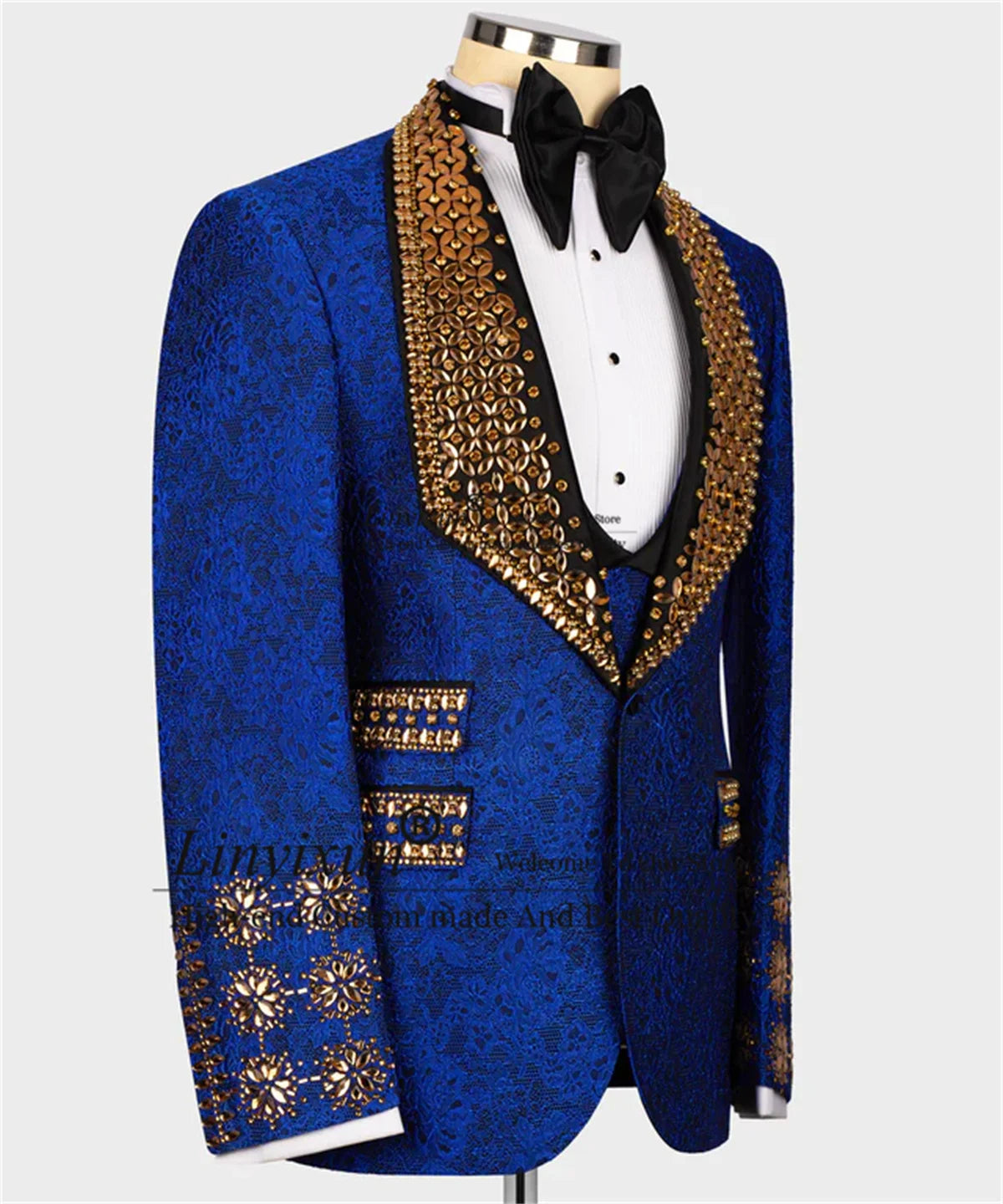 God Gem Stones Blue Special Tuxedos Men Suits 3 Pieces Groom Wedding Male Prom Blazer Luxury Crystal Customized Costume Homme