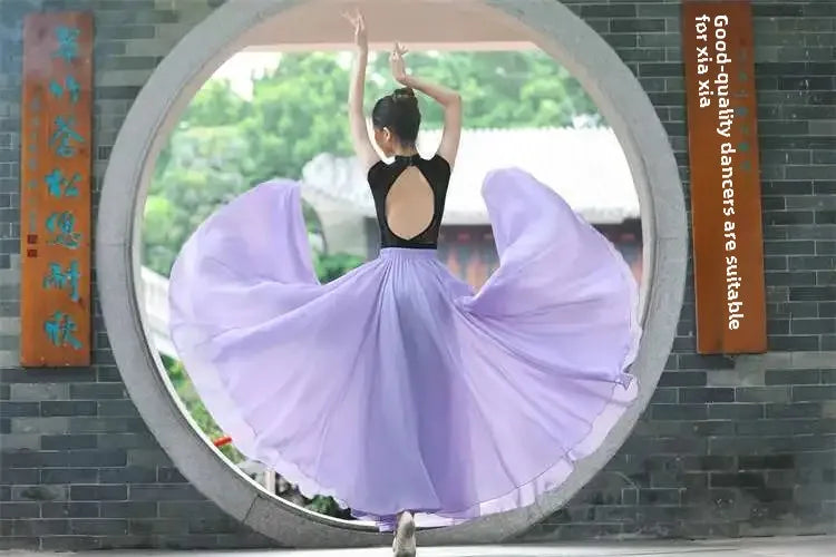 720 Degree Wide Dancing Skirt Chiffon Double Layer Semi-Long Dress Women's Solid Color Xinjiang Dance Skirt