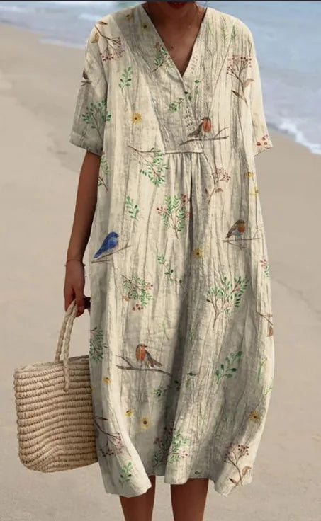 Summer Women Print Dress New Fashion V Neck Short Sleeve Loose Holiday Casual Dresses Female Beach Party Vestidos Robe Femme