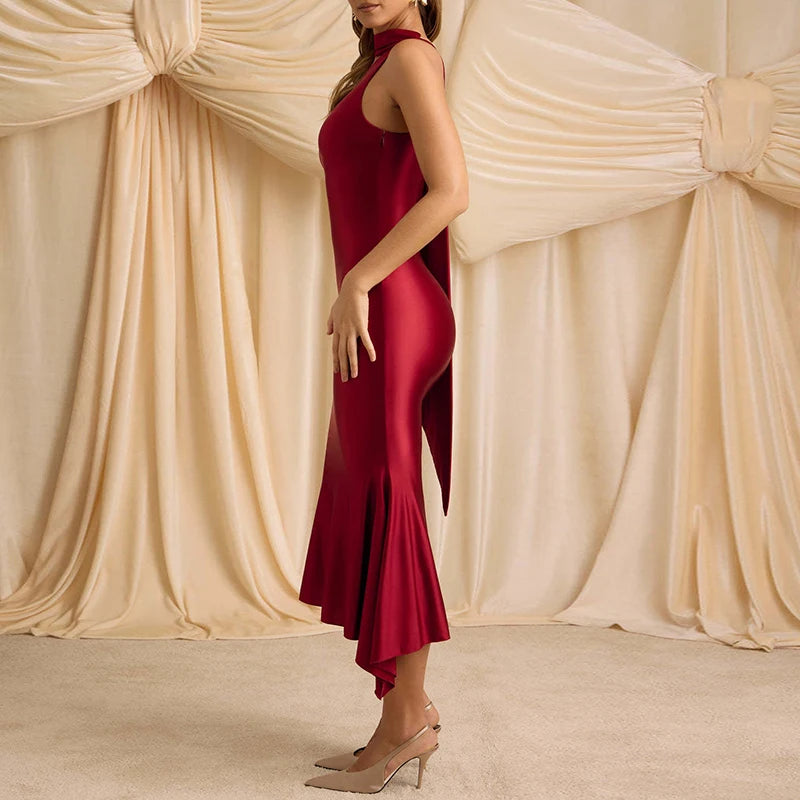 Sexy Skew Collar Irregular Mermaid Dress Woman Spring Hollow Slim Fit Ruffle Long Dress Summer One-shoulder Backless Party Dress