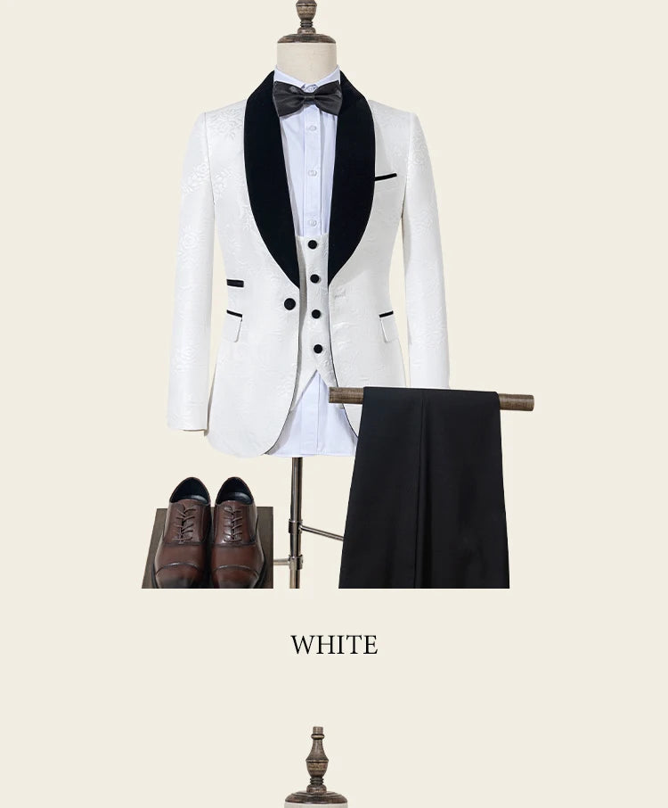 ST Cassy High Quality luxury Retro carving Party Dress Slim Fit Tuxedo Prom Suit Fashion white Male Groom Wedding three-piece