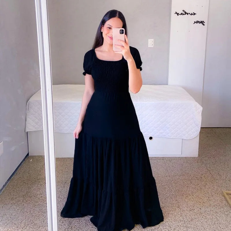 2025 Spring Summer New Women Closing Solid Color Square Collar Short Sleeve Long Dress Vestidos Largos vestidos verano moda 2024