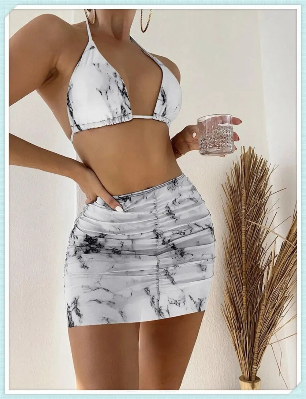 3 Pieces Thong Bikini Set With Skirt Marble texture Bathing Suit Women Swimsuit Set Female Swimwear Beach Wear Swimming Summer