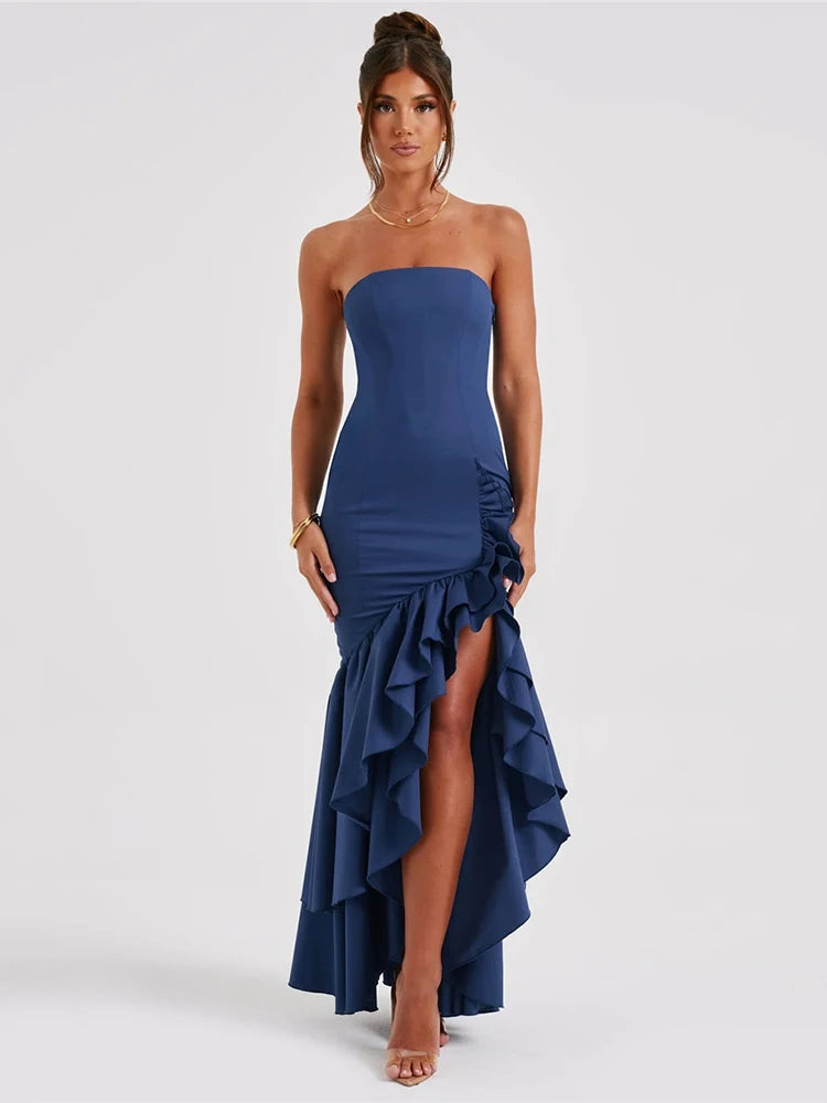 Mozision Strapless High Split Ruffle Long Dress For Women Fashion Off-shoulder Backless Sleeveless Bodycon Club Party Sexy Dress