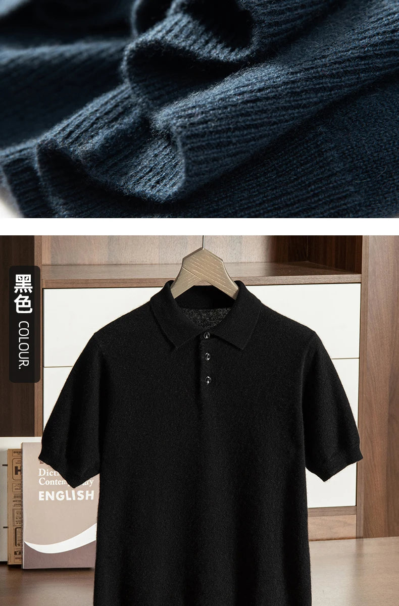 High End Men's 100% Cashmere T-shirt POLO Collar Pullover Shirt Casual Business Knitted Short Sleeved Summer Half Sleeved Top