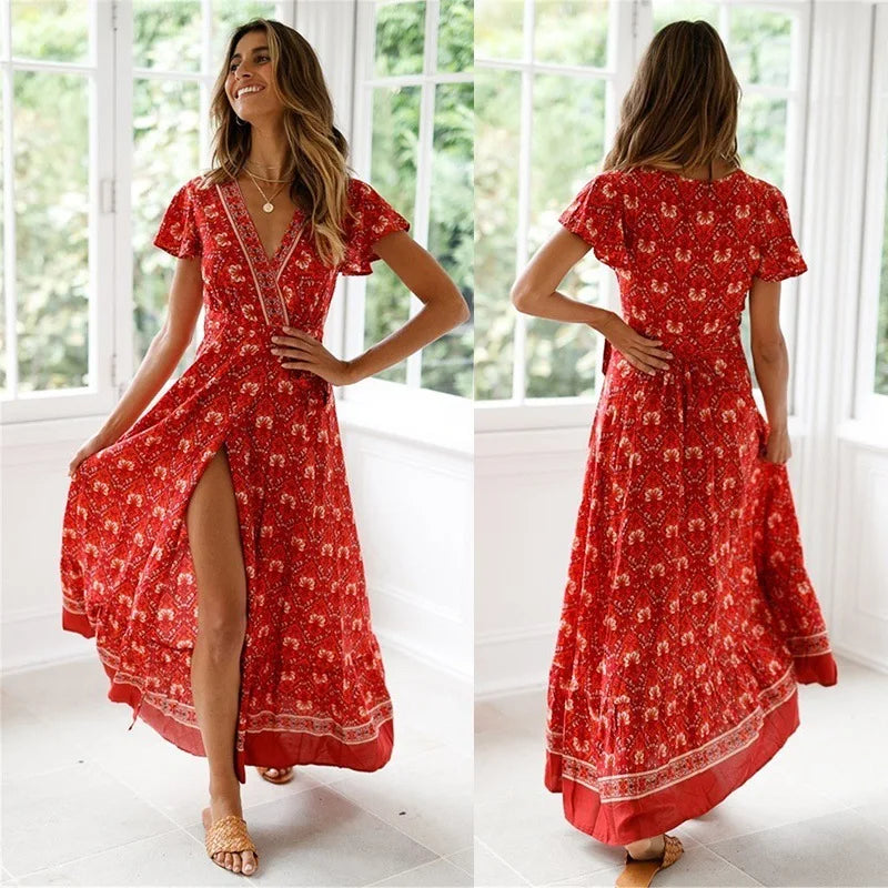 Summer Dress Women 2024 Short Sleeveless Casual V-neck Floral Print Boho Beach Long Dress S-3XL Sexy Split Party Robe